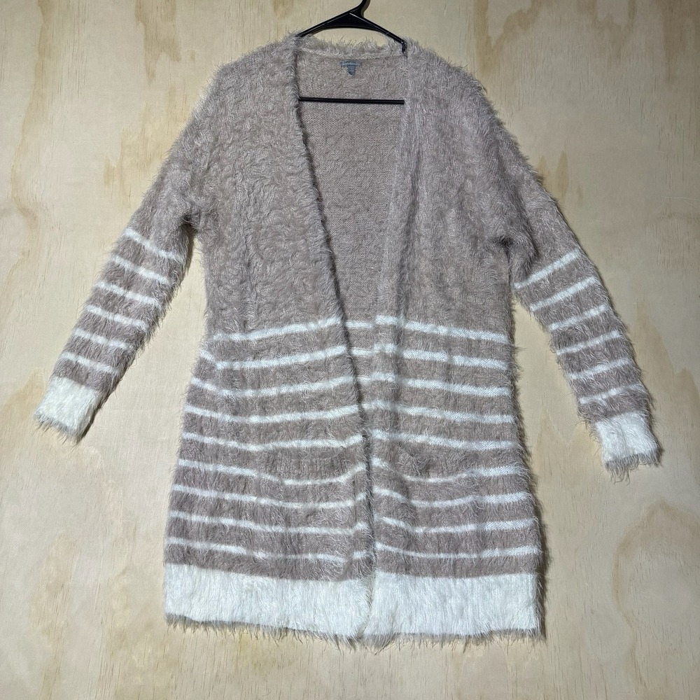 Charlotte Russe Fuzzy Open Front Cardigan Sweater Women's Small Striped Cozy